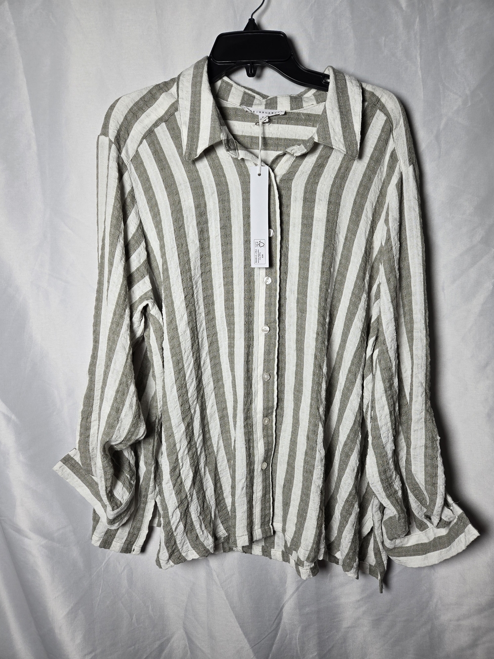 Jane and Delancey Olive & White Vertical Stripe Button-Down Shirt